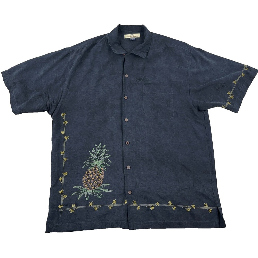 Tommy Bahama Shirt Men Medium Black Silk Button Up Hawaiian Camp Pineapple Palms